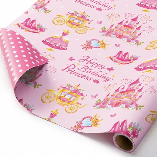 WERNNSAI Princess Castle Wrapping Paper - 1 roll 17 x 16.4 ft Happy Birthday Wrapping Paper Roll for Kids Girls Pink Carriage Castle Gift Wrap Roll Princess Theme Party Favor Polka Design
