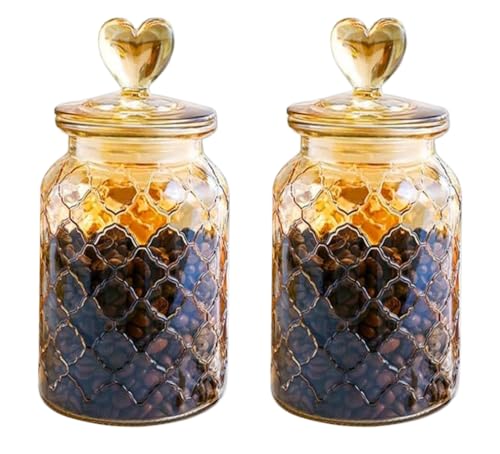 Image of MARTVIA Brown Glass Food Storage Jars with Glass Lids 1000ml Set of 2, Love Heart Handle Lid Jar for Home Kitchen,Flour, Sugar, Coffee, Pasta,Grains,Cookies, Snacks (Heart 1000 ML Jar, SET OF 2)