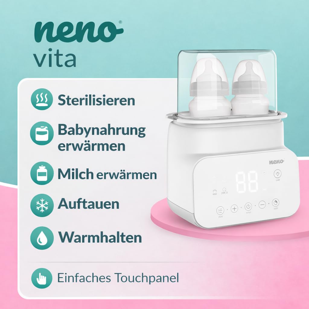 NENO VITA - Flaschenwärmer Baby und Sterilisator für Babyflaschen - Baby Flaschen Wärmer - 5-in-1: Sterilisation, Erwärmen von Mahlzeiten und Milch, Auftauen, Temperaturhaltung – 4 Betriebsarten