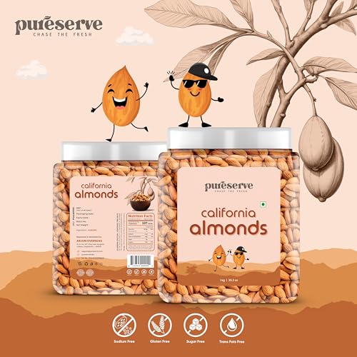 Image of Pureserve Natural California Almonds 1Kg - Whole Badam Giri | High in Protein, Fiber & Essential Nutrients | Boosts Immunity & Energy | 100% Natural, Gluten-Free Superfood | Jar Pack OF 1