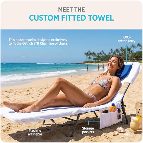 Image of Ostrich Custom Fitted Towel for 3N1 Outdoor Chair, Beach Lounge Cover with Storage Pockets, White - Towel Only - Chair Not Included