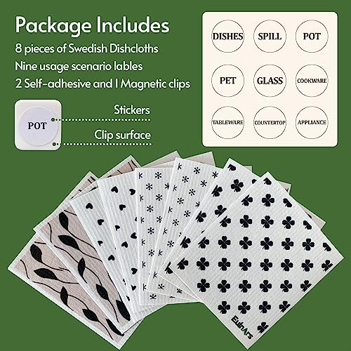 Image of Eulnars Reusable Paper Towels, 8-Pack Swedish Dishcloths for Kitchen with 3 Clips, Black White, Cotton, 200 Washes
