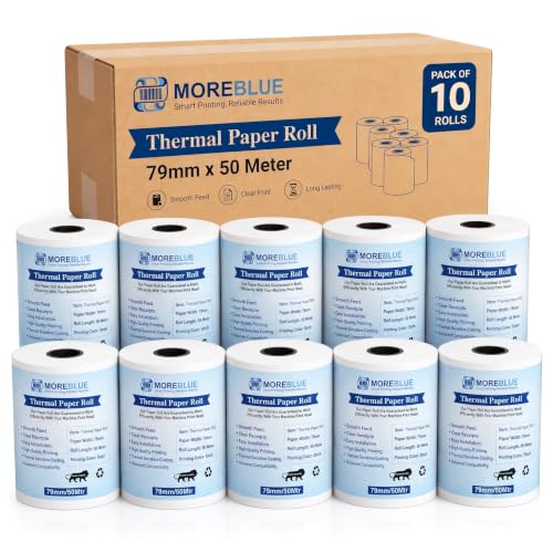 Image of MOREBLUE 3 Inch Thermal Paper Rolls (79mm x 50m, 55 GSM) | Ink-Free, BPA-Free Receipt Paper for POS Machine, Billing Machine & Credit Card Machine Pack 10