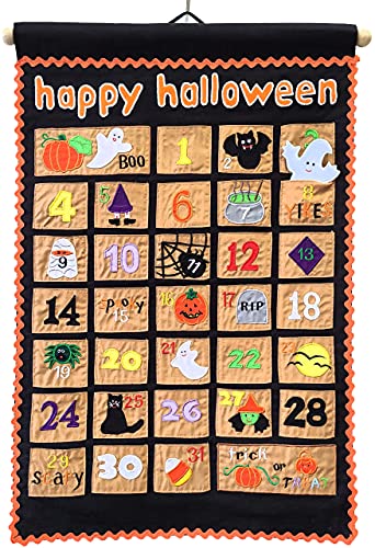 Happy Halloween Advent Countdown Calendar Decoration for Kids and Family by My Growing Season | Wall Hanging Fabric Decor with Detachable Friendly Ghost Finger Puppet