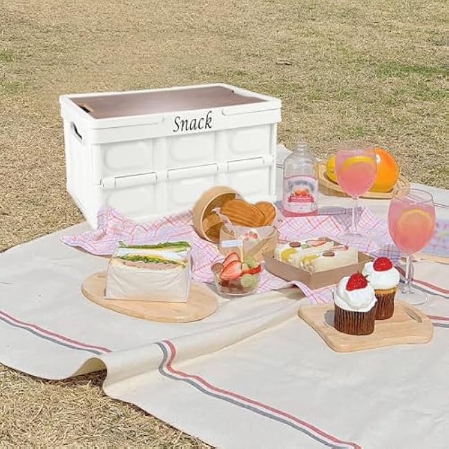 Foldable Snack Organizer, Large Snack Containers with Wooden Lid & Handles, Snack Bin Holder, Stackable Snack Storage for Snack Bar Station, Food Baskets for Car Trunk, RV Trip, Picnic