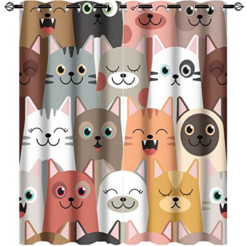 Funny Animal Little Cat Curtains for Bedroom - Cute Colorful Cartoon Lovely Cat Window Treatment,Energy Saving Blackout Grommet Curtains 2 Panels 63L x 27.5W