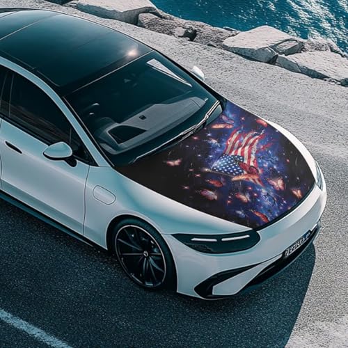 Image of American Flag Butterflys Car Hood Cover 59x39 Inch Car Hood Wrap Blankets Waterproof Stretchable Automotive Hoods Flag for Compact SUV Sedans Trucks