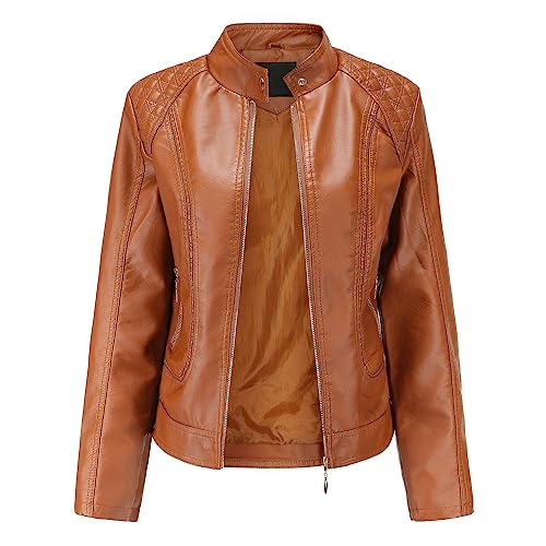 Women’s Racer Brown Genuine Sheepskin Quilted Shoulders Casual Slim Fit
