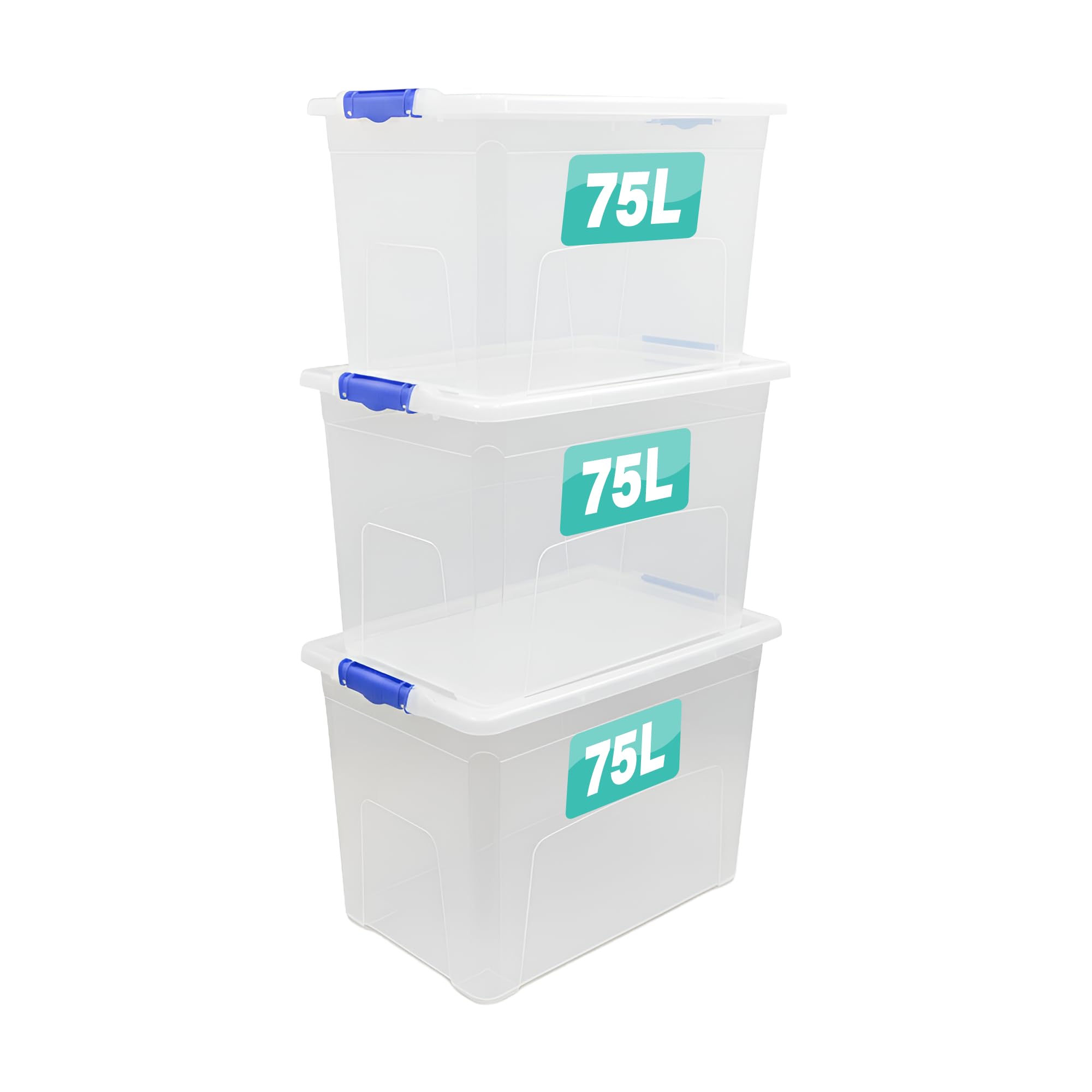 Optimal Products 3 x Storage Boxes With Clip Lock Lids Litre Heavy Duty Clear Stackable Lockable Multipurpose Plastic Storage Box Indoor Outdoor Containers Home,Office,Kitchen,Garage (3 x 75 Litre)