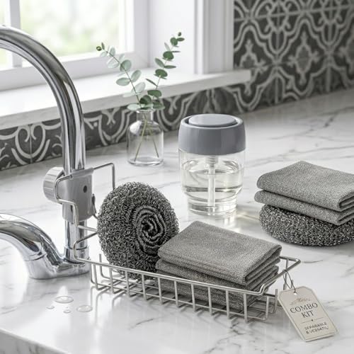 Image of ABSTER Kitchen Sink Accessories Combo Set | Stainless Steel Faucet Organizer Rack with Soap Dispensing Scrubber & Steel Cleaning Mesh Pads