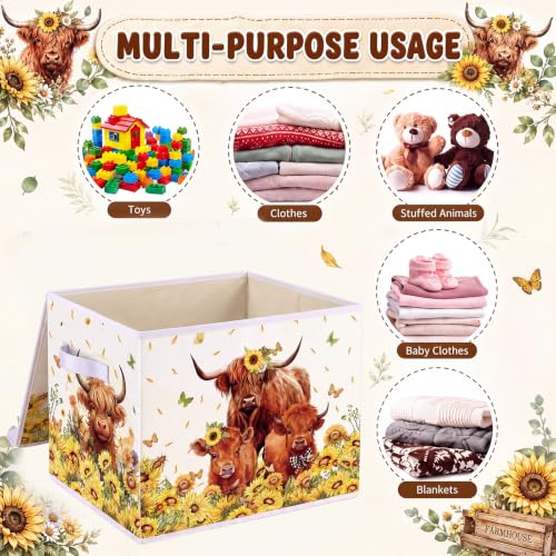 Image of Briwooody Highland Cow Storage Bin with Lid and Carrying Handle Sunflower Cow Foldable Storage Box Large Farm Cattle Decorative Collapsible Container Basket for Organizing Closet Home Bedroom Gift