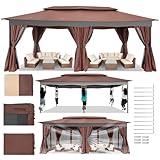 COBIZI Gazebo 12x20 Heavy Duty Gazebos with Curtain and Netting Outdoor Gazebo Canopy Double Roof Patio Gazebos with Metal Steel Frame for Patio, Deck, Backyard-Brown