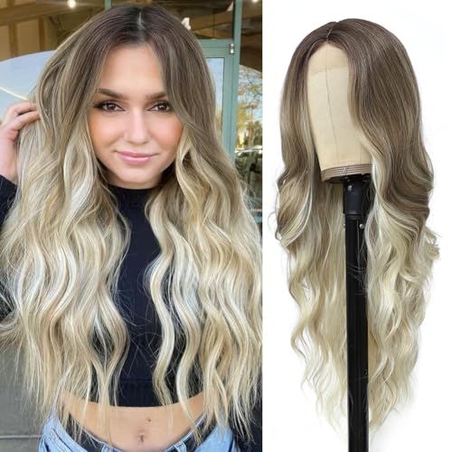 Blonde Wigs for Women 26 Inch Long Ombre Ash Blonde Wig Curly Wavy Wig