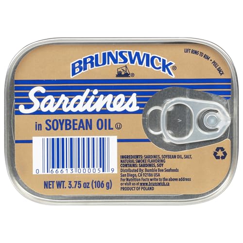 Brunswick Wild Caught Sardines in Soybean Oil, 3.75 oz Can - 14g Protein per Serving - Gluten Free, Keto Friendly, Kosher