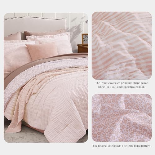 Queen Comforter Set - 7 Pieces Pink Gauze Muslin Bedding Sets for All Seasons, Lightweight Breathable Bed in a Bag Queen with Revesible Farmhouse Comforter, Sheets, Pillowcases & Shams