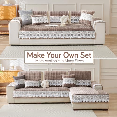 Image of HOKIPO 'BelleLace Series' Imperial Milk Velvet Sofa Cover Mat with Lace Design| Make Your Own Sofa Cover Set, Mat Length 90(D) x 120(L) cm, Mocha Brown (AR-5964-BRN)