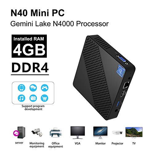 Mini PC Fanless Intel Celeron N4000 (up to 2.6GHz) 4GB DDR/64GB eMMC Mini Desktop Computer Windows 10 Pro HDMI and VGA Port 2.4/5.8G WiFi BT4.2 3xUSB3.0 Support Linux,NGFF 2242 SSD