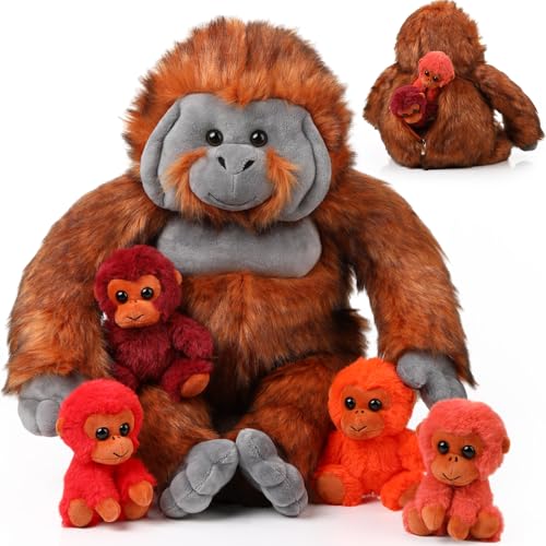 Lenwen 5 Plush Gorilla Orangutan Stuffed Animals Set 14 Inch Large Mommy Gorilla with 4 Baby Plush Toy Zippered Monkey Stuffed Gift for Forest Birthday Baby Shower Party Favor(Lovely Color)