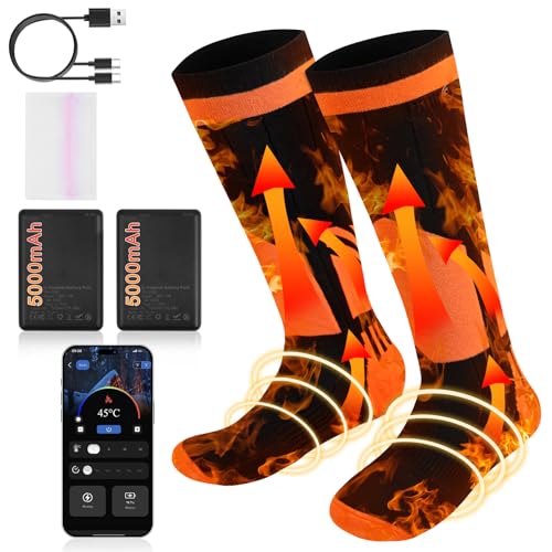 Calcetines Calefactables Hombres Mujeres,Calcetines Termicos Recargable con App Control 4 Niveles Temperatura,Eléctrico Calcetines Calefactables para Esquí Acampar Caza pesca en hielo(negro y naranja)