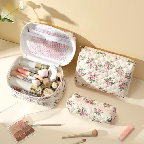 Makeup Bag 3Pcs, Cute Makeup Pouch, Quilted Make up Bag for Women, Large Travel Cosmetic Organizer, Zipper Pouch, Pink Flower3