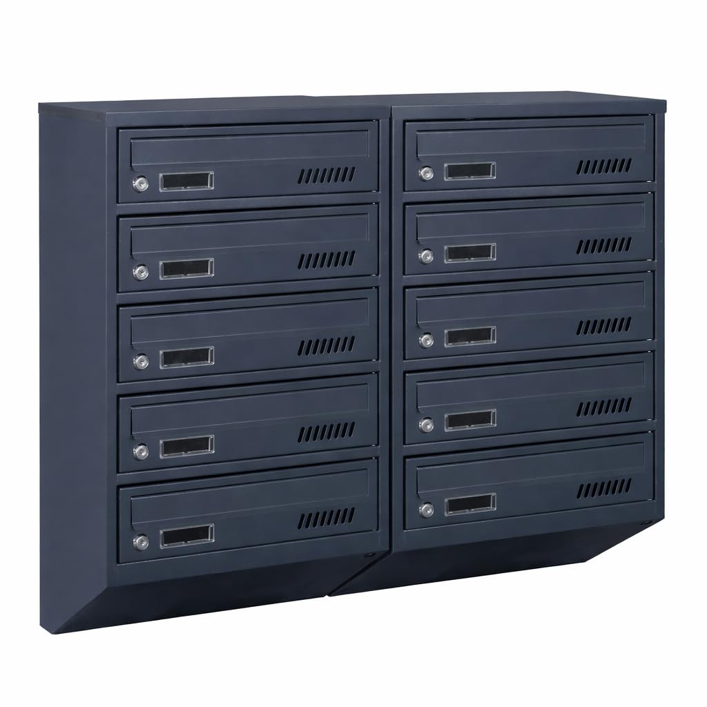 Buzón de correos para condominios GDS de 10 plazas RAL 7016, antracita, 2 llaves, 20 cm de profundidad, montaje en pared, modular horizontal