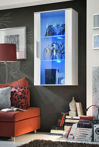 Vetrinetta Soggiorno Mobile Con Luci LED - Vetrina Casa 1 Ante Ripiani - Moderna Bianca Da Parete VP15 (Bianco e Bianco Lucido)