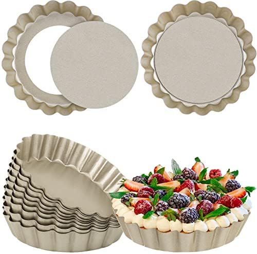 Suice 12 Pcs 4 Inch Mini Quiche Pan, Small Round Tart Pan with Removable Nonstick Bottom Tart Mold Pie Pan Reusable for Oven Baking, Dessert DIY, Fruit Egg Tart, Tartlet - Champagne Gold
