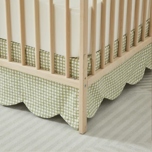 Image of Brandream Scallop Edge Cotton Crib Skirt, Baby Boy Girl Gender Neutral Crib Skirt Toddler Bedskirt Farmhouse Chic Nursery Crib Bed Skirt, Boho Bohemian Green Gingham