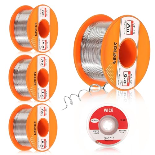XIAQICA Lötzin 5 Stück 50g Lötzinn mit Kolophoniumkern Lötzinn Flussmittel 0,6/0,8/1 mm mit Entlötlitze（2mm/1.5m) Für Heimwerker Schweißarbeiten und Elektroreparaturen