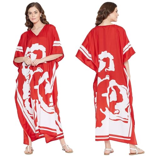 Image of Oussum Women Plus Size Dresses Kimono Caftan Maxi Dress Floral Polyester Long Mumu House Beach Cover Up 1X-3X Summer Wear