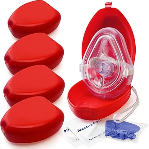 ASA TECHMED 5 Pack Medical CPR Rescue Mask, Adult Child Pocket Resuscitator, in Red Hard Case with Wrist Strap, CPR mask w/O2 with Gloves - 6.5 x 4.8 x 1.6 inches Cover