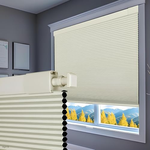 Luxevoir Panoramix No Drill No Tools Blackout Window Cover,Cordless Honeycomb Blinds,Window Blinds Blinds for Indoor Windows,Easy to Install Cellular Shade,Blackout Beige,34.5