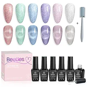 Beetles 6 Colors Holographic Glitter Cat Eye Gel Nail Polish Kit with Magnet Romantic Galaxy Series Soak Off Uv Led Gel Polish Set Home Diy Manicure Nail Salon Varnish Spring Summer Nail Art