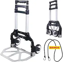 Carrinho de Mão para Carga até 75Kg Plataforma Dobrável de Alumínio (Preto)