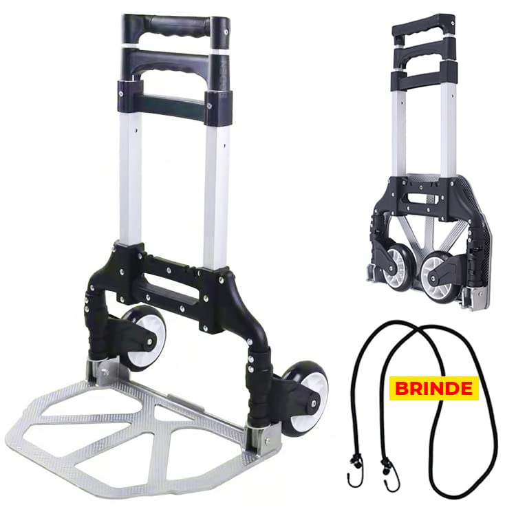 Carrinho de Mão para Carga até 75Kg Plataforma Dobrável de Alumínio (Preto)