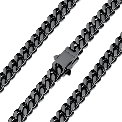 U7 Stainless Steel Cuban Link Chain,Black/14K Gold Miami Mens Cuban Chain, 5mm/7mm/9mm/12mm Hip Hop Chains for Men,18-30 inches