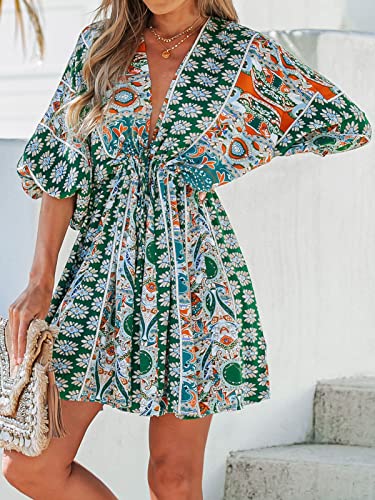 CUPSHE Women Casual Boho Sundress Summer Floral Print Tie Front Dress 3/4 Sleeves Paisley Beach Mini Dresses3