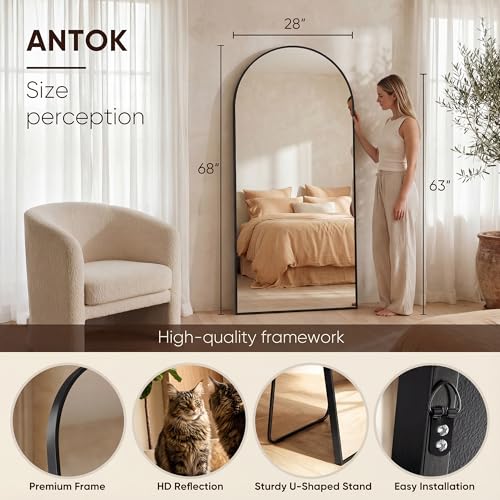 Image of Antok 68 inch x26 inch Arched Full Length Floor Mirror, Black Aluminum Frame, Free Standing /Wall Mount /Leaning for Bedroom, Living Room, Dressing Room