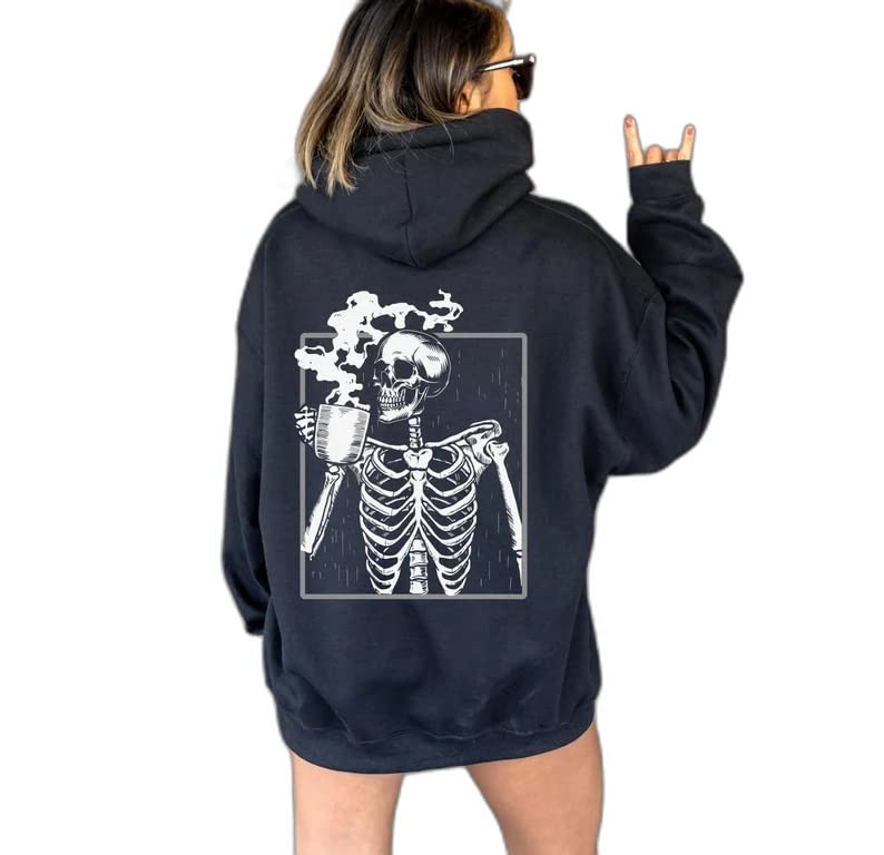 COMIC STREET Halloween Hoodie Sweatshirts for Women Oversized Skull Graphic Hoodie Coffee Drinking Skeleton Crewneck Long Sleeve Pullover