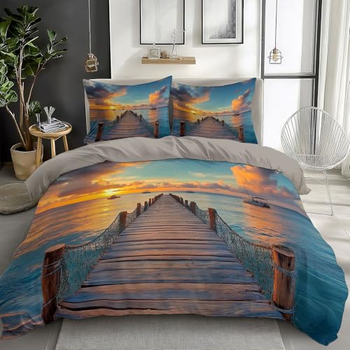 XCQHZYQ Set Copripiumino Singolo 135 x 200 cm Ponte Legno Dell'Isola Del Tramonto Reversibile Copripiumino in Policotone 3 pezzi Copriletto, Set di Biancheria da Letto per Bambini Ragazzi e Ragazzi
