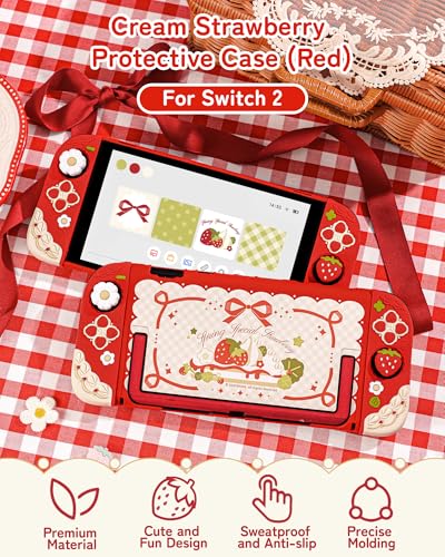 Image of GeekShare Strawberries with Cream Case Compatible with Switch 2, Slim Separable Soft Silicone Protective Shell with 2 Thumb Grip Caps -- Red