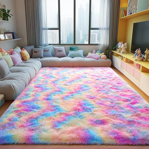 Rainbow Area Rugs for Girls Bedroom, 5x8 Fluffy Fuzzy Shaggy Carpet for Kids Playroom Nursery Living Room, Thick Soft Plush Mat for Kids Baby Boys Teen Dorm Home Decor Aesthetic