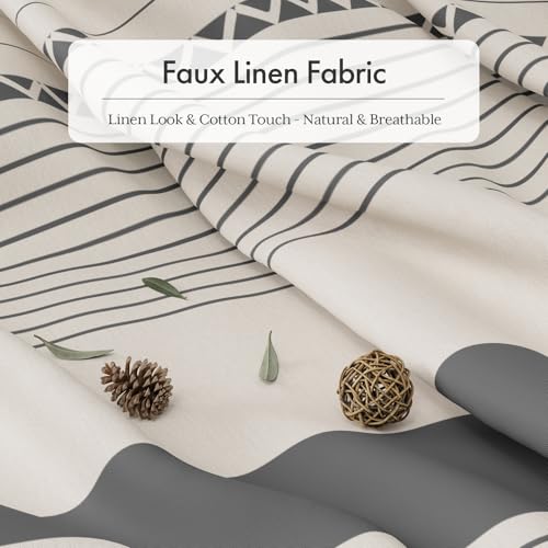 Image of AmazerBath Boho Shower Curtain Set, Grey Shower Curtain with Tassels, Rustic Faux Linen Gray Striped Modern Farmhouse Shower Curtain with Hooks, Light Tan Toned, 72x72 Inches