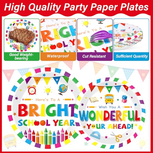Image of 100PCS Back To School Decorations School Season Supplies Paper Plates Napkins Disposable White Bottom Colorful Pattern Tableware Dinnerware for Student Birthday Picnic First Day of School Serves 25