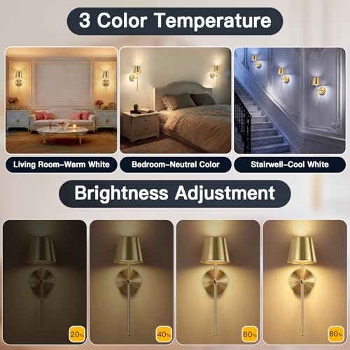 Image of TaoFiaCo Battery Operated Wall Sconces Set of 2,Wireless Wall Sconce Gold | 5200mAh Rechargeable, Remote, Timer, Dimmable, Cordless Wall Light for Bedroom Living Room, Hallway, Light Decor