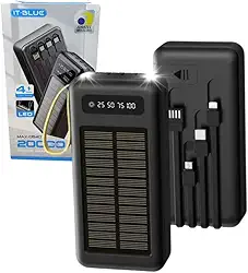 Carregador Portátil Solar, Powerbank 20000mAh, 5 em 1, Bateria Externa com Energia Solar, Carregamento Múltiplo