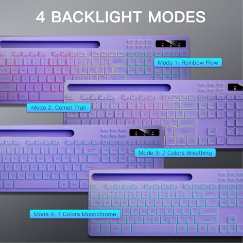 Image of Soueto Wireless Keyboard with 7-Color RGB Backlit, Full-Size Computer Keyboard with Phone Tablet Holder, 2.4G Rechargeable Gaming Keyboard with Light Up Keys, Compatible with Mac, Windows (Purple)