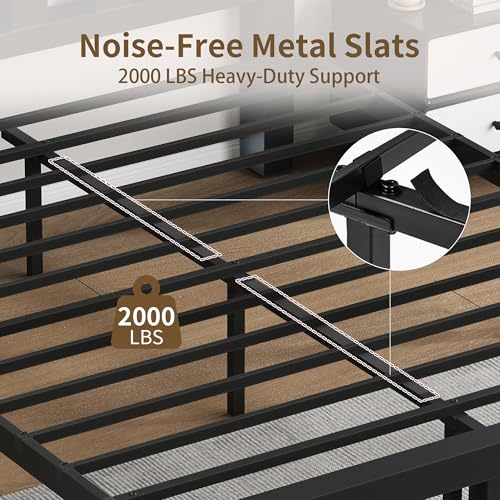 Image of Queen Size Metal Platform Bed Frame with Movable USB Charging Ports | 2000 Lbs Heavy Duty Noise-Free Steel Slats, 10 inch Under Bed Storage, Thickened Vertical Slatted Headboard, for Teens Dorm Adult