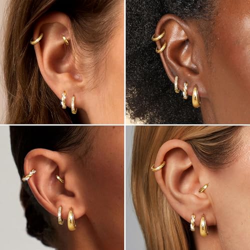 LOYALLOOK Small Gold Hoop Earrings for Women Trendy 14K Gold Plated Chunky Huggie Earrings Stacks Hypoallergenic Dainty Twisted CZ Cartilage Hoop Earring Sets for Multiple Piercing Lightweight2