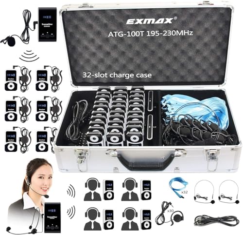 EXMAX® ATG-100T 195MHz Sistema Inalámbrico de Transmisión de Audio para Guías Turísticos con Estuche de Carga de Aluminio (1 Transmisor y 30 Receptores) miniatura 1